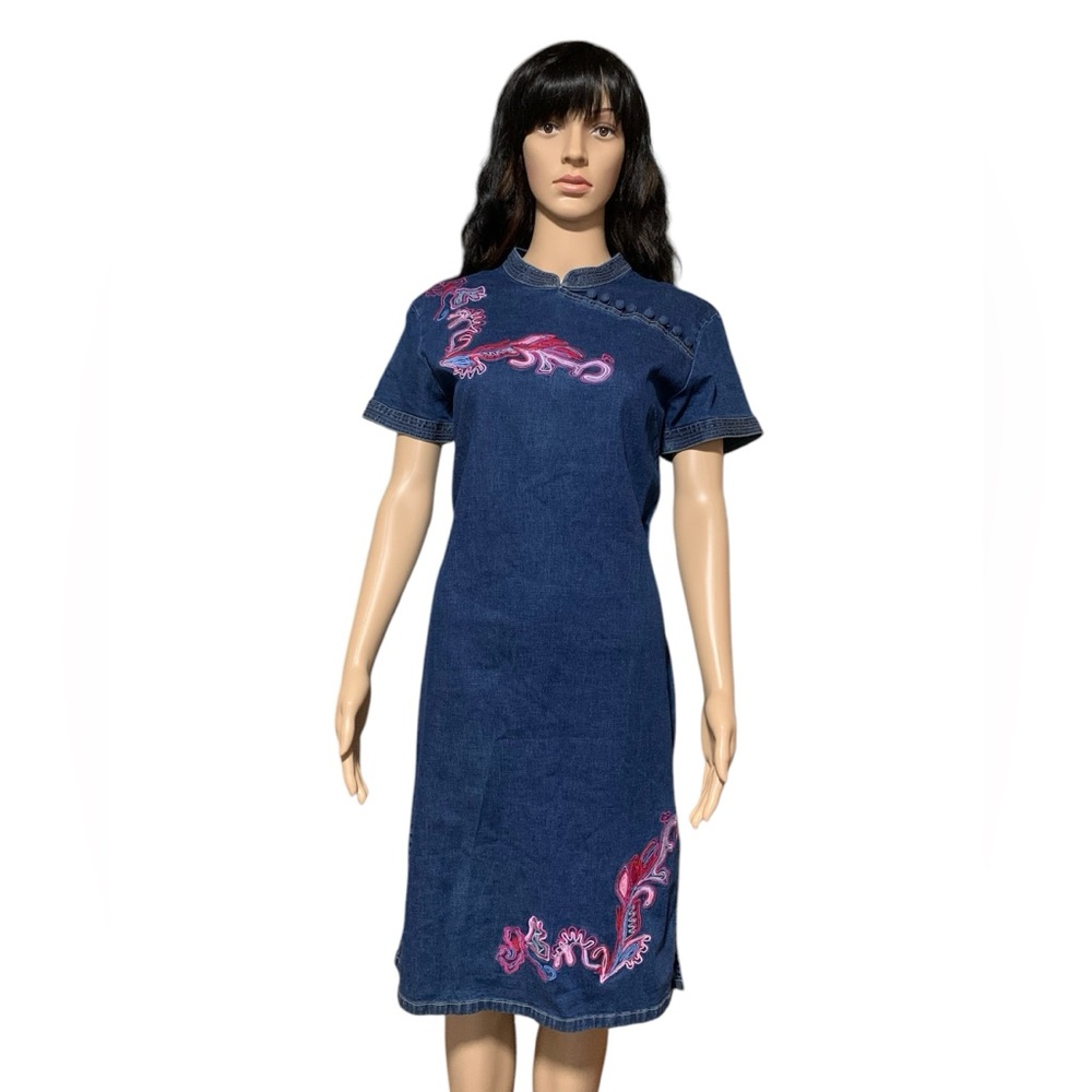 Blue Denim Dress with Pink Embroidery